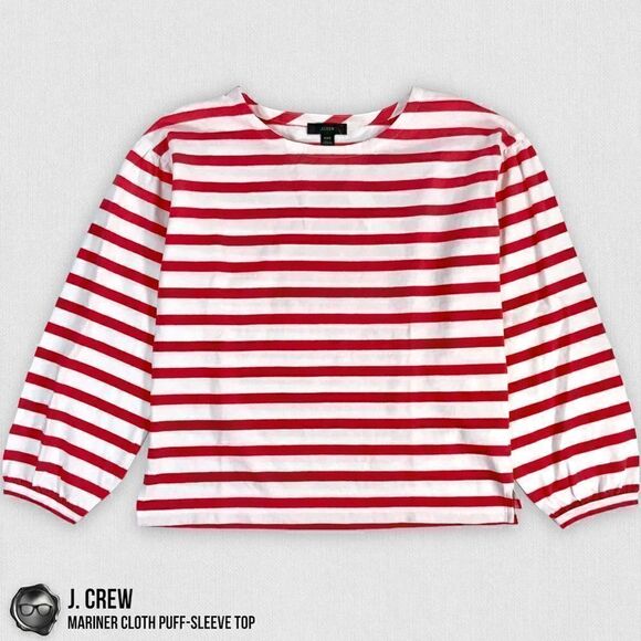 J. CREW MARINER CLOTH PUFF-SLEEVE TOP IN FADED POPPY RED STRIPE WOMEN’S SIZE XXS - Picture 2 of 13